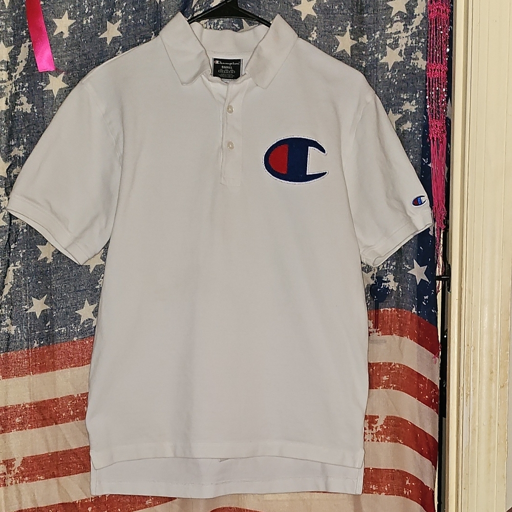 EUC Mens Champion White Polo Shirt Iconic Fuzzy Logo Casual Style